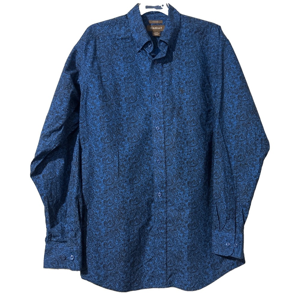 Ariat Fitted Men's Large Button Down Blue and Black Paisly Shirt